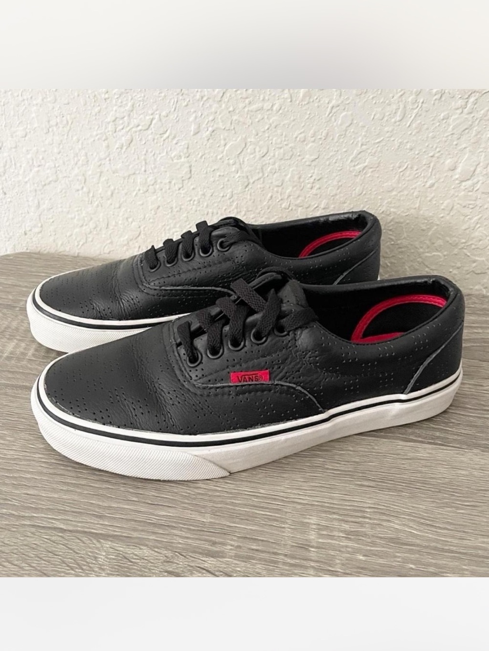 Vans Black Leather Low-Top Sneakers with Red Accents